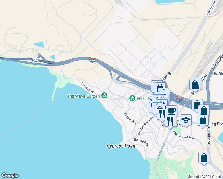 map of restaurants, bars, coffee shops, grocery stores, and more near 622a Golden Gate Avenue in Richmond