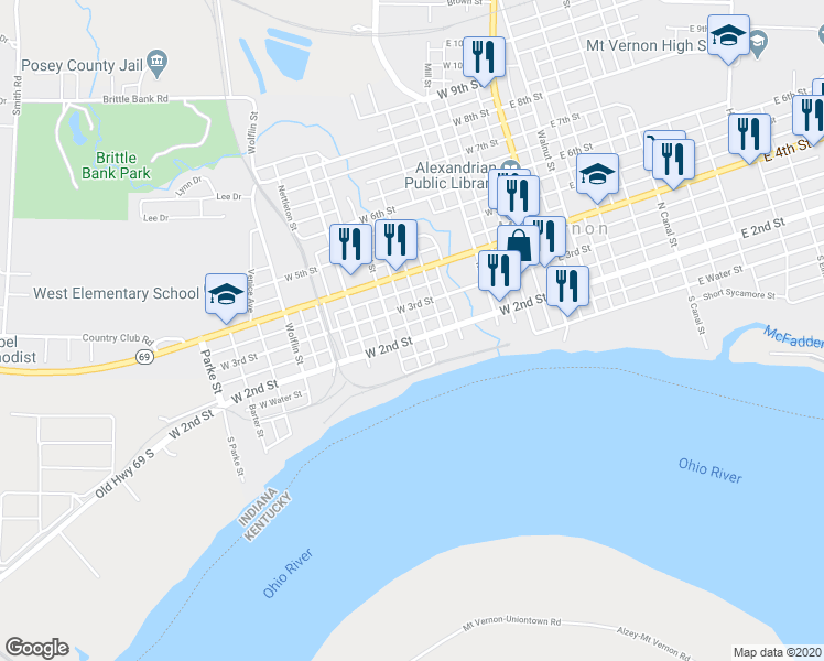 map of restaurants, bars, coffee shops, grocery stores, and more near 504 West 2nd Street in Mount Vernon