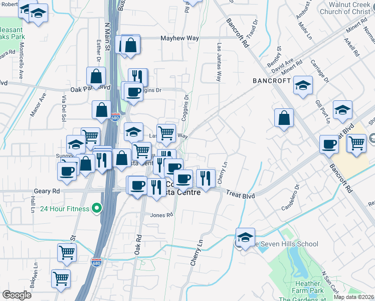 map of restaurants, bars, coffee shops, grocery stores, and more near 1178 Honey Trail in Walnut Creek
