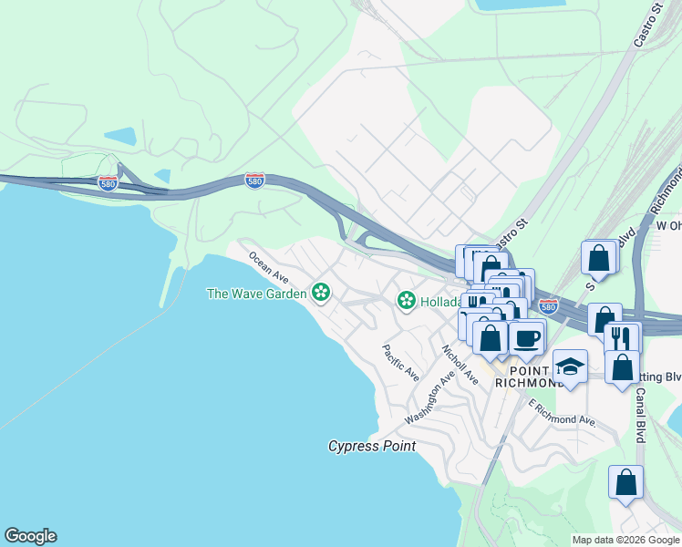 map of restaurants, bars, coffee shops, grocery stores, and more near 620 Golden Gate Avenue in Richmond