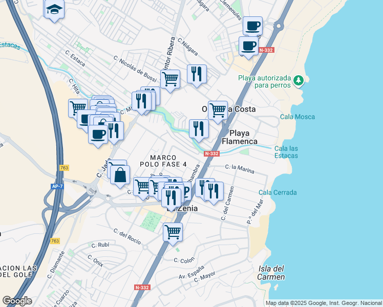 map of restaurants, bars, coffee shops, grocery stores, and more near Calle Jalón in Orihuela