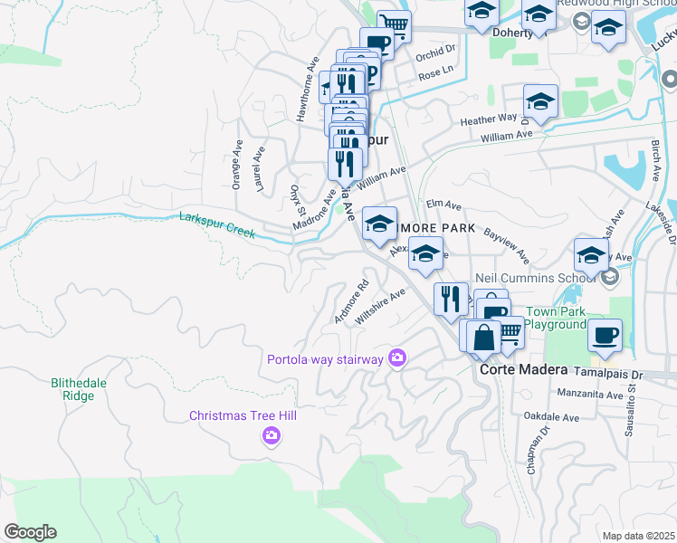 map of restaurants, bars, coffee shops, grocery stores, and more near 77 Piedmont Court in Larkspur