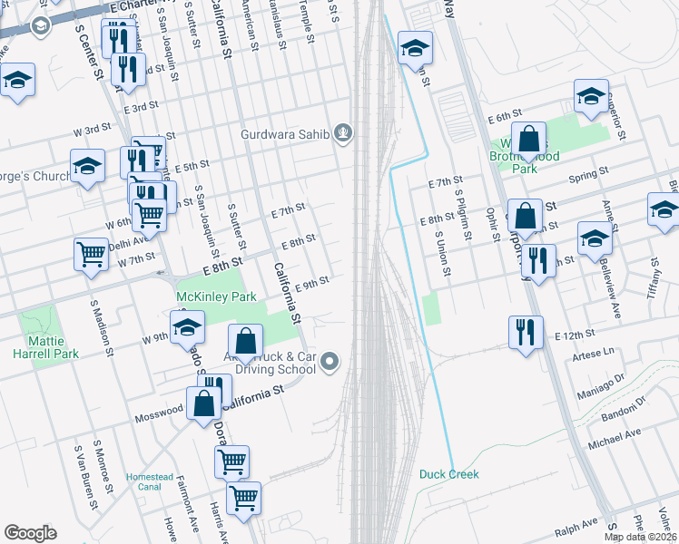 map of restaurants, bars, coffee shops, grocery stores, and more near 715 East 9th Street in Stockton