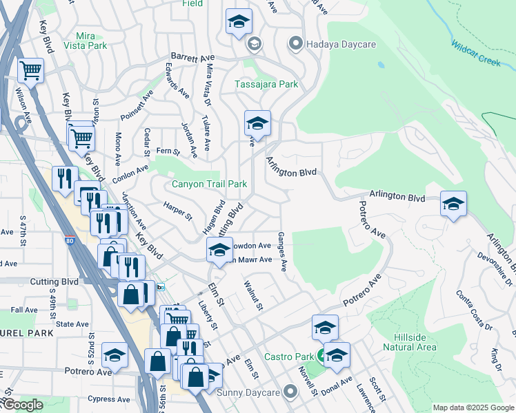 map of restaurants, bars, coffee shops, grocery stores, and more near 6919 Wilson Way in El Cerrito