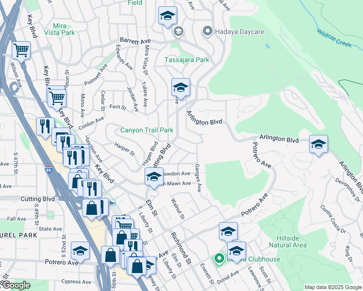 map of restaurants, bars, coffee shops, grocery stores, and more near 6919 Wilson Way in El Cerrito