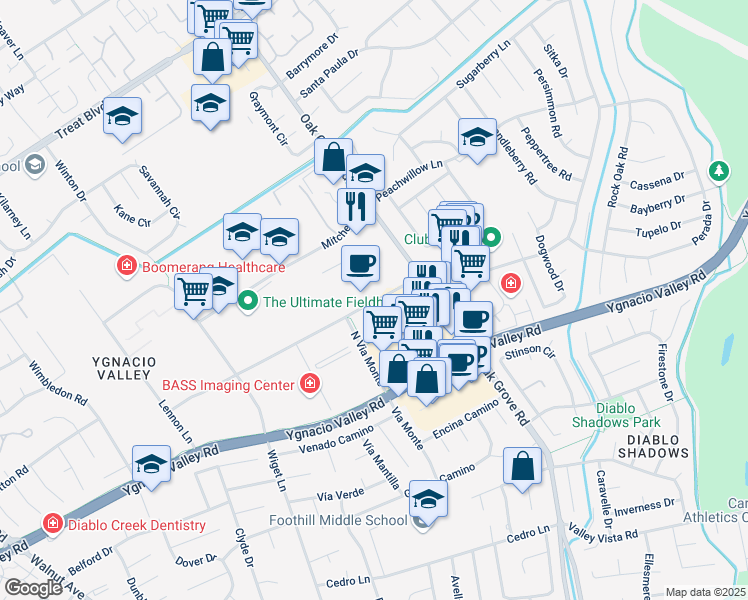 map of restaurants, bars, coffee shops, grocery stores, and more near 2901 Shadelands Drive in Walnut Creek
