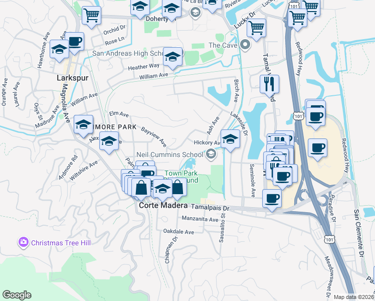 map of restaurants, bars, coffee shops, grocery stores, and more near 161 Pixley Avenue in Corte Madera