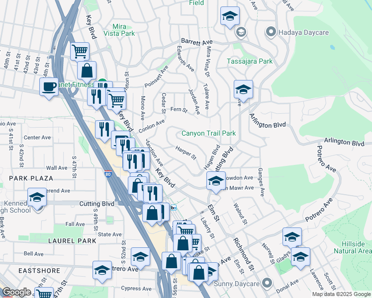 map of restaurants, bars, coffee shops, grocery stores, and more near 2052 Harper Street in El Cerrito