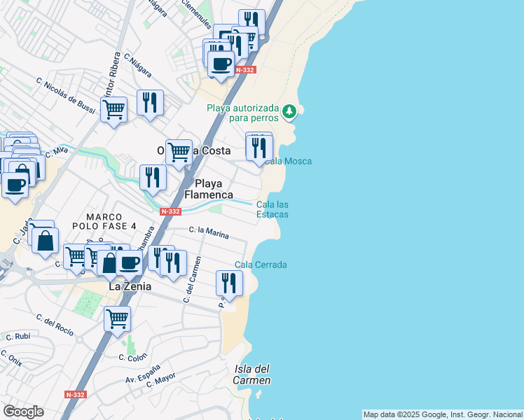 map of restaurants, bars, coffee shops, grocery stores, and more near 17 Calle de los Geranios in Orihuela