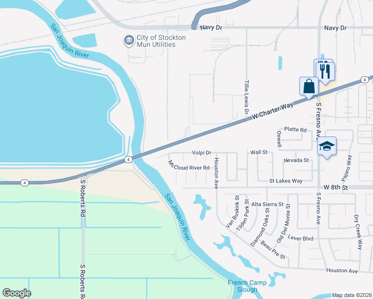 map of restaurants, bars, coffee shops, grocery stores, and more near 2715 Volpi Drive in Stockton