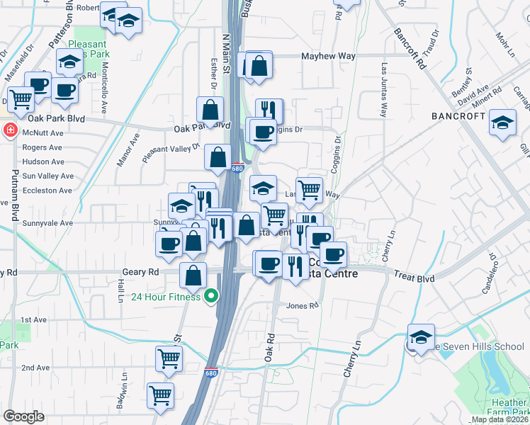 map of restaurants, bars, coffee shops, grocery stores, and more near 3001 Oak Road in Walnut Creek