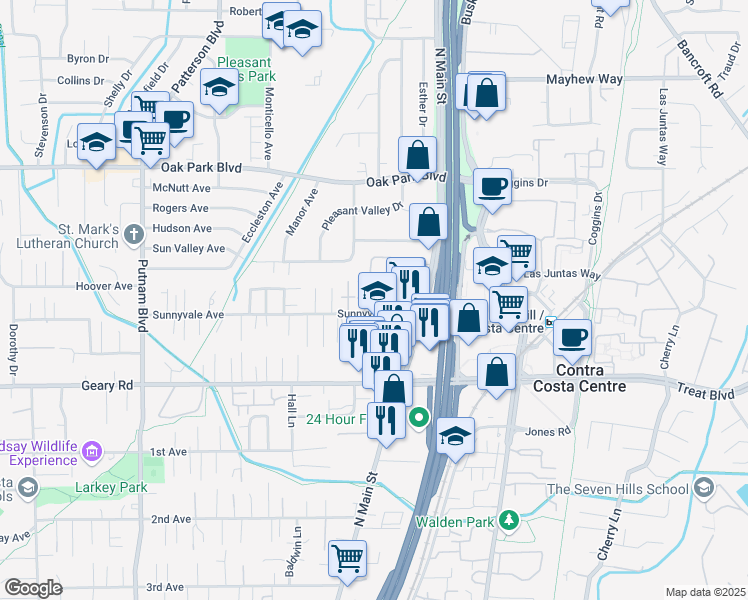 map of restaurants, bars, coffee shops, grocery stores, and more near 1578 Sunnyvale Avenue in Walnut Creek