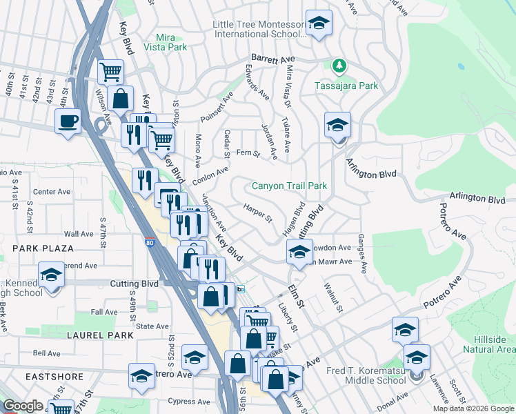 map of restaurants, bars, coffee shops, grocery stores, and more near 2052 Harper Street in El Cerrito