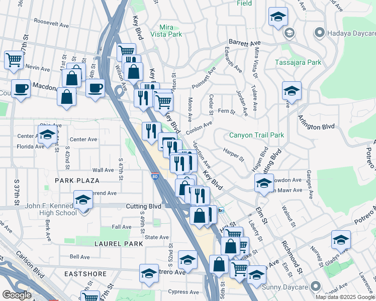 map of restaurants, bars, coffee shops, grocery stores, and more near 2053 Junction Avenue in El Cerrito