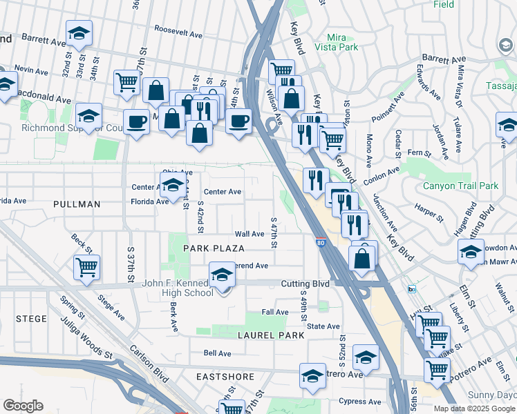 map of restaurants, bars, coffee shops, grocery stores, and more near 233 South 46th Street in Richmond