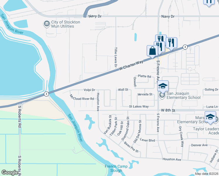 map of restaurants, bars, coffee shops, grocery stores, and more near 2345 Volpi Drive in Stockton
