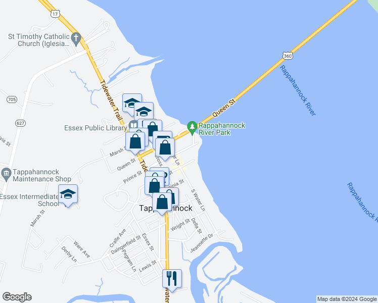 map of restaurants, bars, coffee shops, grocery stores, and more near 128 Prince Street in Tappahannock