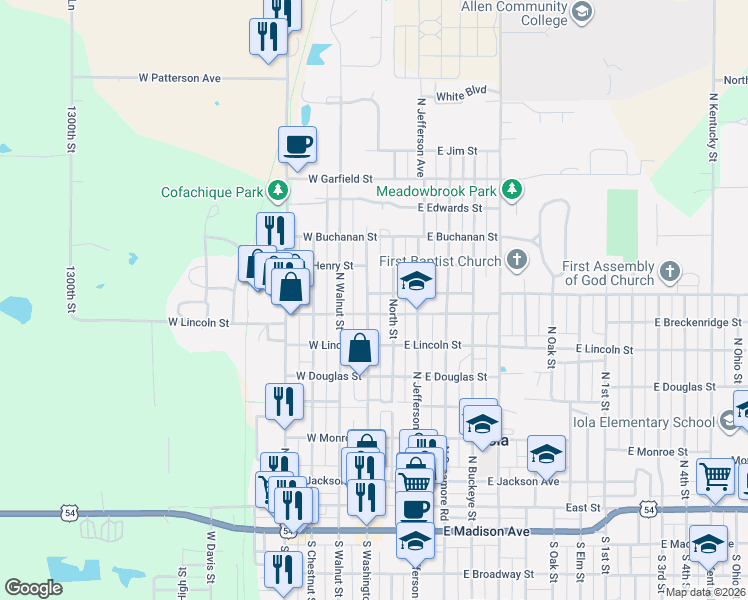 map of restaurants, bars, coffee shops, grocery stores, and more near 700-798 North Street in Iola