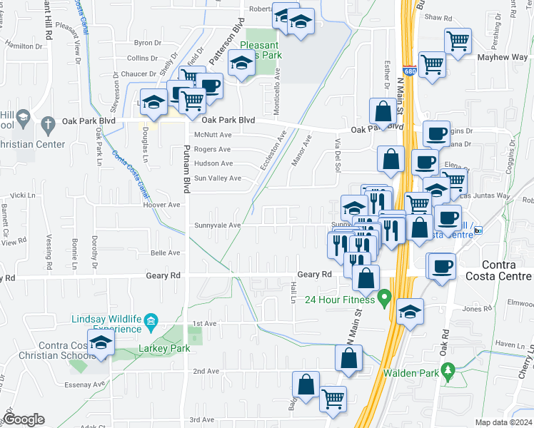 map of restaurants, bars, coffee shops, grocery stores, and more near 1104 Reiner Lane in Walnut Creek