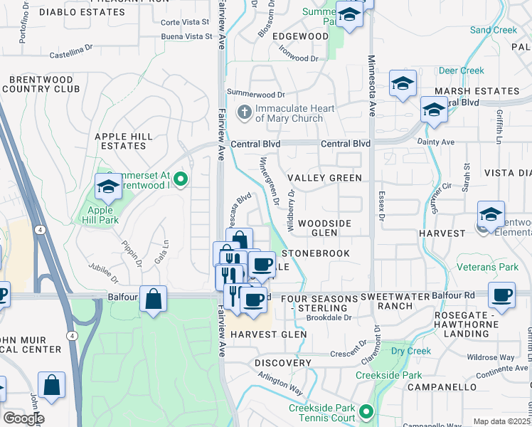 map of restaurants, bars, coffee shops, grocery stores, and more near 173 Pescara Boulevard in Brentwood