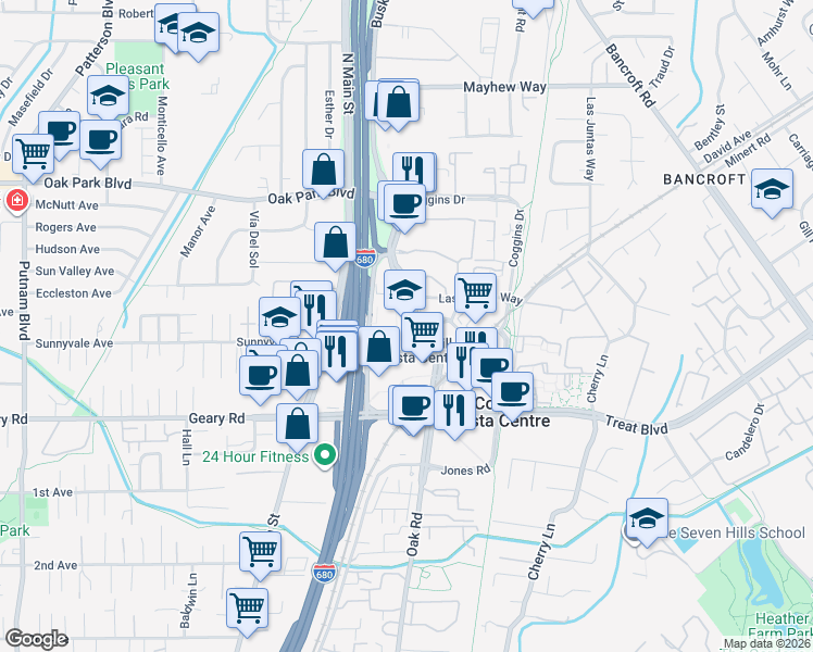 map of restaurants, bars, coffee shops, grocery stores, and more near 3003 Oak Road in Walnut Creek