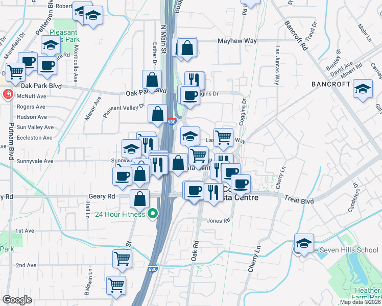 map of restaurants, bars, coffee shops, grocery stores, and more near 3003 Oak Road in Walnut Creek