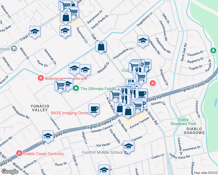 map of restaurants, bars, coffee shops, grocery stores, and more near 2901-2999 Shadelands Drive in Walnut Creek