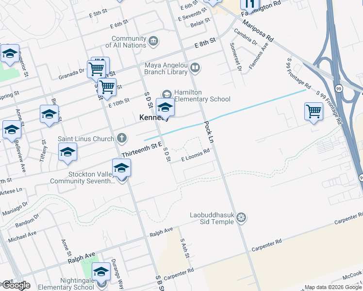map of restaurants, bars, coffee shops, grocery stores, and more near 2800 South D Street in Stockton