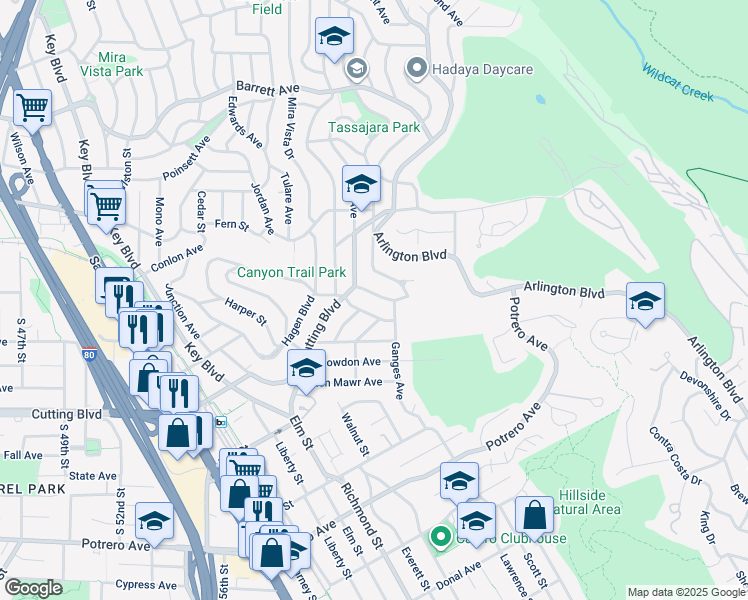 map of restaurants, bars, coffee shops, grocery stores, and more near 6934 Fair View Drive in El Cerrito