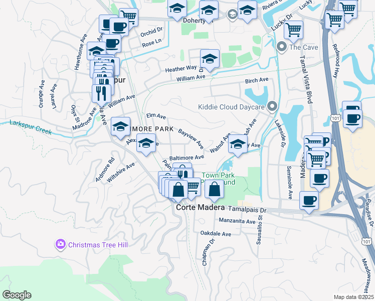 map of restaurants, bars, coffee shops, grocery stores, and more near 2 Taylor Lane in Larkspur
