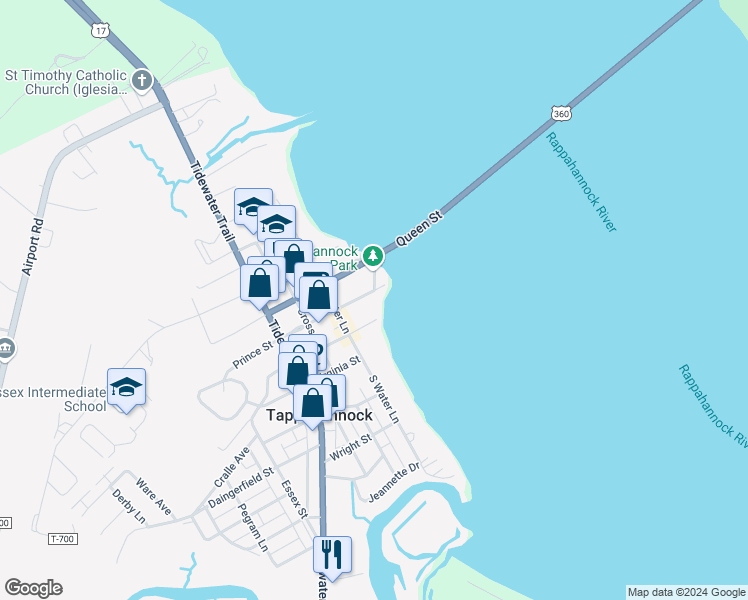 map of restaurants, bars, coffee shops, grocery stores, and more near 128 Prince Street in Tappahannock