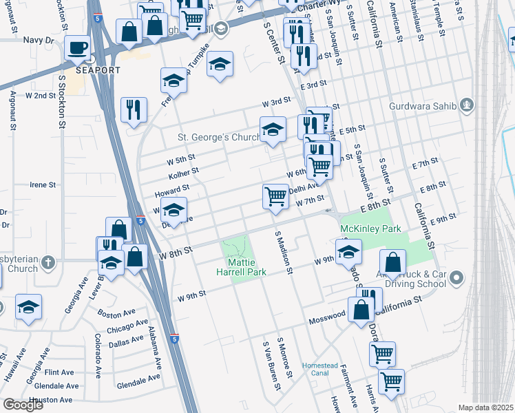map of restaurants, bars, coffee shops, grocery stores, and more near 2 Delhi Avenue in Stockton