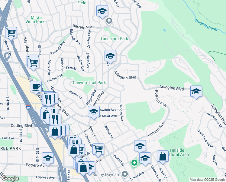 map of restaurants, bars, coffee shops, grocery stores, and more near 6939 Wilson Way in El Cerrito