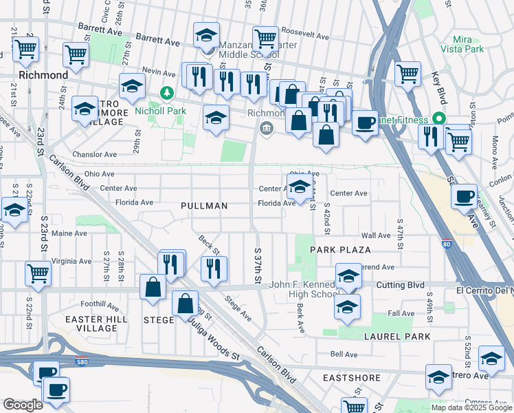 map of restaurants, bars, coffee shops, grocery stores, and more near 3727 Waller Avenue in Richmond