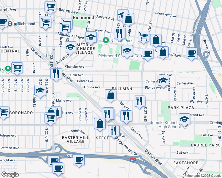 map of restaurants, bars, coffee shops, grocery stores, and more near 3208 Florida Avenue in Richmond