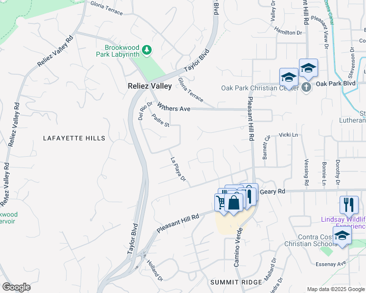 map of restaurants, bars, coffee shops, grocery stores, and more near 3116 Del Oceano Drive in Lafayette