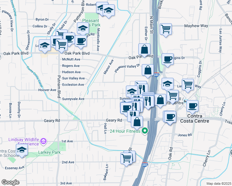 map of restaurants, bars, coffee shops, grocery stores, and more near 1123 Roxie Lane in Walnut Creek