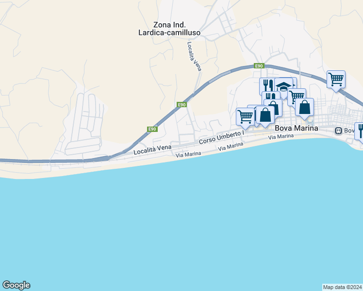 map of restaurants, bars, coffee shops, grocery stores, and more near Via Umberto I in Bova Marina