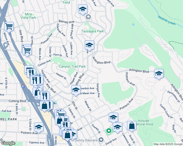 map of restaurants, bars, coffee shops, grocery stores, and more near 6939 Wilson Way in El Cerrito