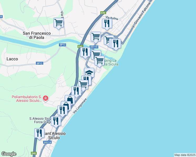 map of restaurants, bars, coffee shops, grocery stores, and more near 16 Via Lungomare in Sant'Alessio Siculo