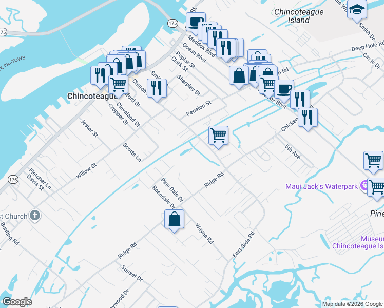 map of restaurants, bars, coffee shops, grocery stores, and more near 4256 Bennett Lane in Chincoteague
