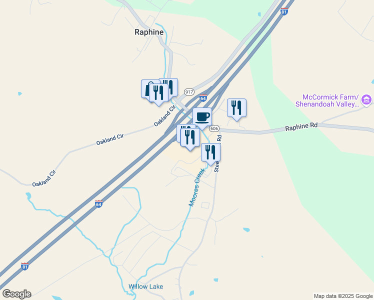 map of restaurants, bars, coffee shops, grocery stores, and more near 2440 Raphine Road in Raphine