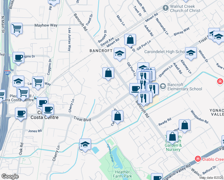 map of restaurants, bars, coffee shops, grocery stores, and more near 1618 Candelero Drive in Walnut Creek