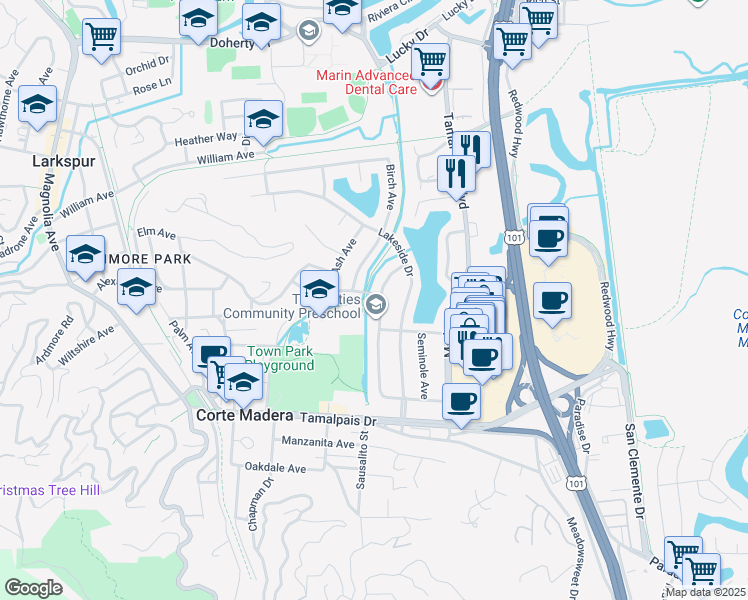 map of restaurants, bars, coffee shops, grocery stores, and more near 47 Mohawk Avenue in Corte Madera