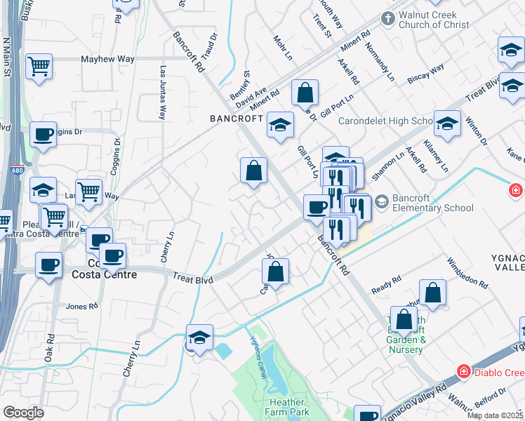 map of restaurants, bars, coffee shops, grocery stores, and more near 1618 Candelero Drive in Walnut Creek