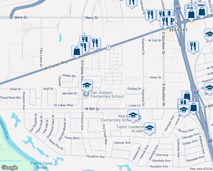 map of restaurants, bars, coffee shops, grocery stores, and more near 1511 Capitola Circle in Stockton