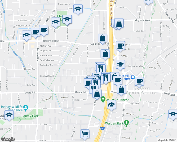 map of restaurants, bars, coffee shops, grocery stores, and more near 1578 Sunnyvale Avenue in Walnut Creek