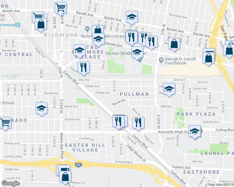 map of restaurants, bars, coffee shops, grocery stores, and more near 3001 Pullman Avenue in Richmond