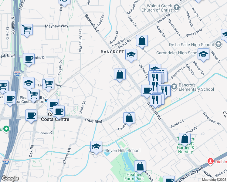 map of restaurants, bars, coffee shops, grocery stores, and more near 1575 Candelero Drive in Walnut Creek