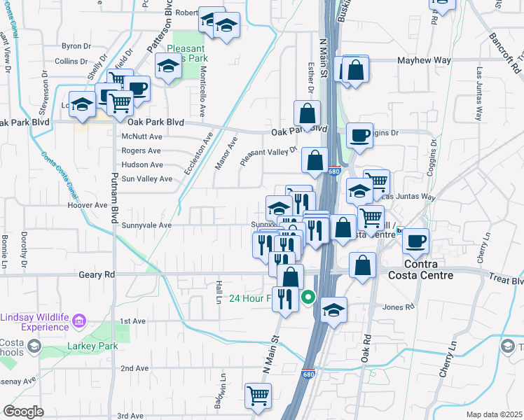 map of restaurants, bars, coffee shops, grocery stores, and more near 1590 Sunnyvale Avenue in Walnut Creek